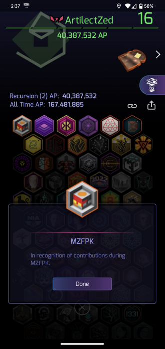Screenshot from my Ingress agent profile, showing the MZFPK anomaly badge.