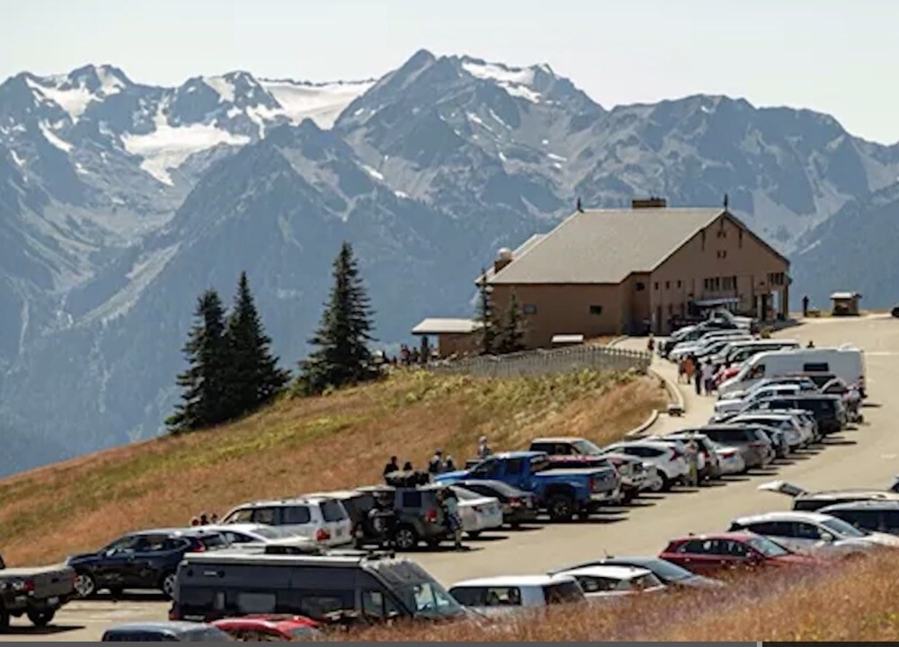 Photo of the lodge with many visitors.