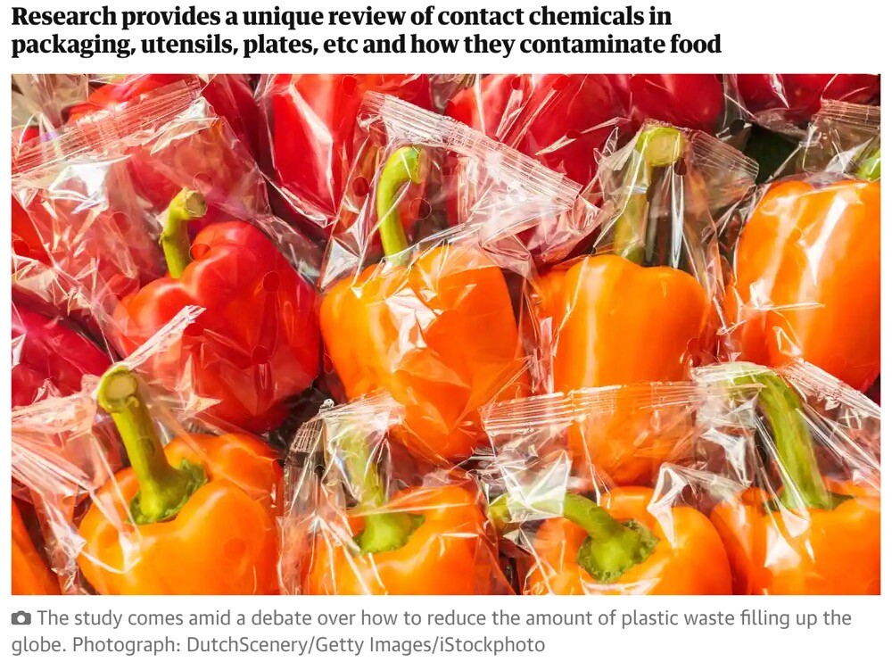Photo of peppers individually wrapped in cellophane. "Research provides a unique review of contact chemicals in packaging, utensils, plates, etc., and how they contaminate food."
