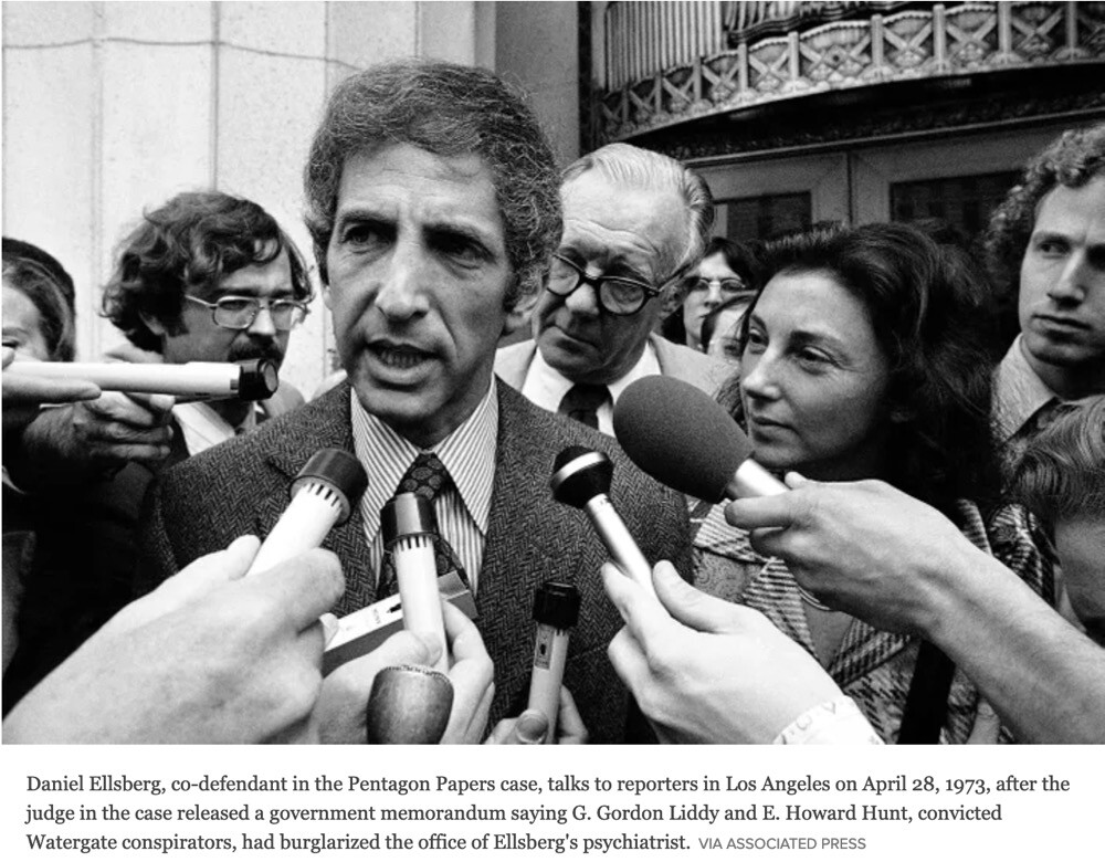 Daniel Ellsberg, co-defendant in the Pentagon Papers case, talks to reporters in Los Angeles on April 28, 1973, after the judge in the case released a government memorandum saying G. Gordon Liddy and E. Howard Hunt, convicted Watergate conspirators, had burglarized the office of Ellsberg's psychiatrist.