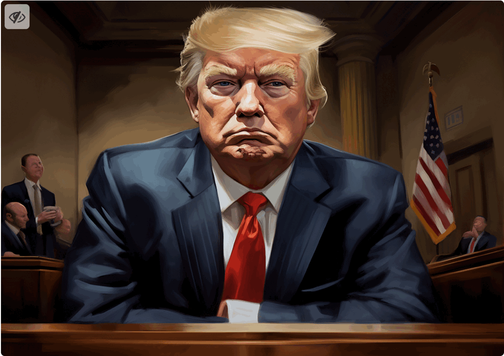 image of Trump's face in business suit with red tie.