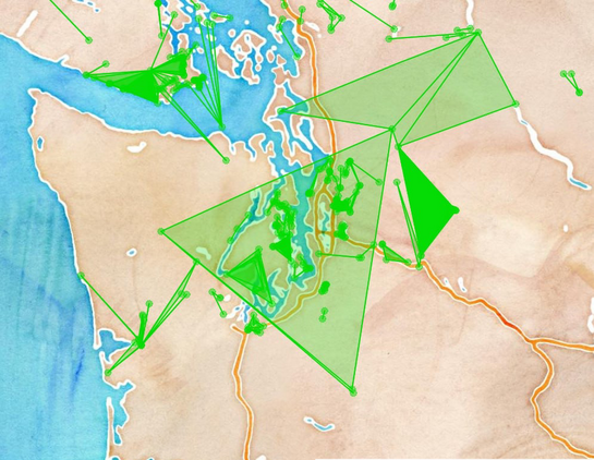 A green field covering Olympia, Tacoma, and Seattle