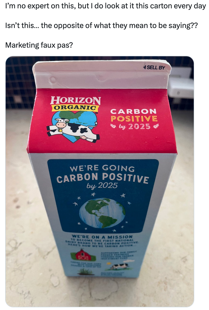 Horizon organic milk carton stating "Carbon positive by 2025".