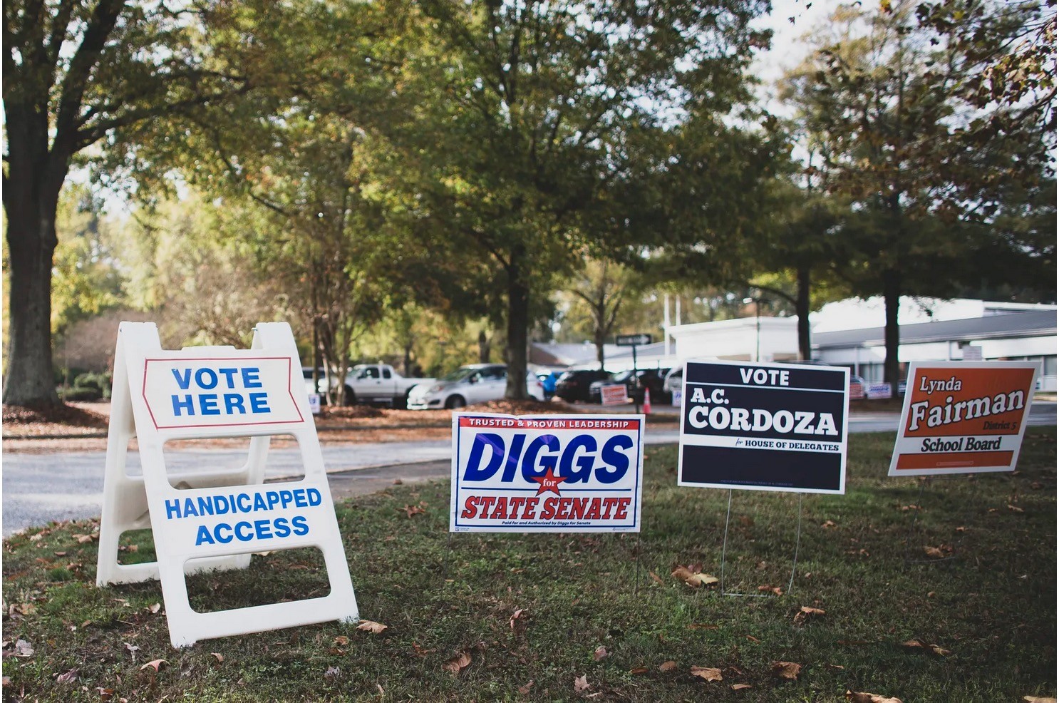 Voting signs outside a polling place during the 2023 state elections in Yorktown, Virginia.