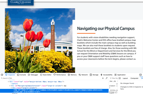 Clark College building with flowers in foreground. Navigating out physical campus page describes how students with visual challenges can get Braille maps of campus and other assistance.