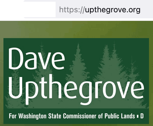 Upthegrove green poster and website upthegrove dot org.