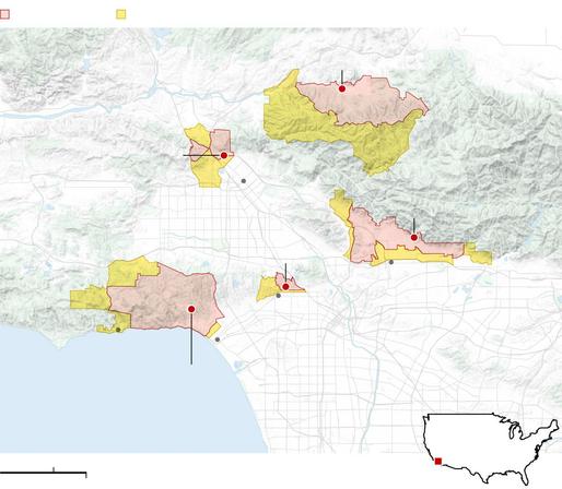Evacuation area and warning area for multiple fires across Los Angeles including Palisades fire stretching between Malibu and Santa Monica.