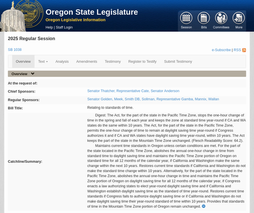 SB1038 bill overview screenshot at Oregon legislature web site - follow link for text https://olis.oregonlegislature.gov/liz/2025R1/Measures/Overview/SB1038