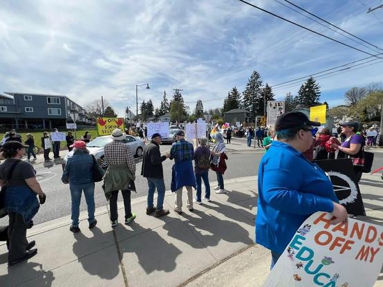 Protestors along a street. 