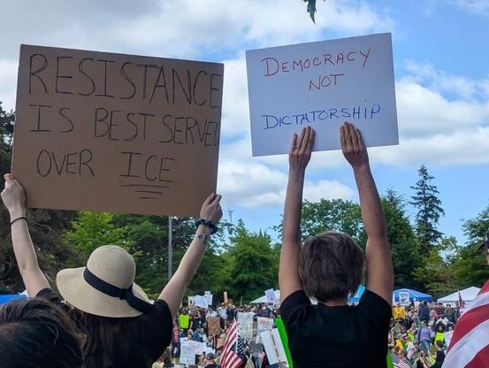Signs at No Kings protest, Tacoma, WA. 